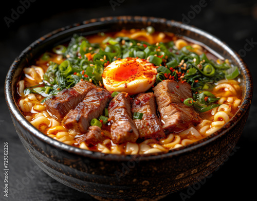 Traditional Japanese shoyu ramen with beef eggs and vegetables in bowl on black background