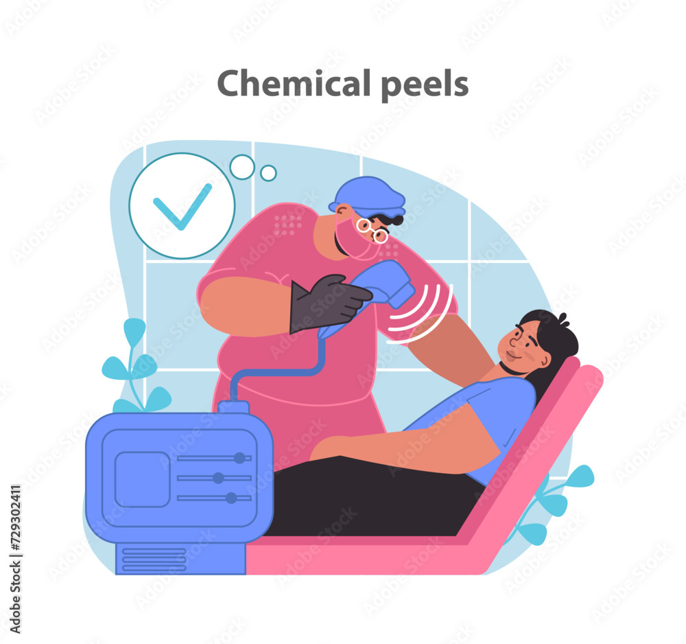Chemical peels process in a modern beauty salon. Skincare treatment for rejuvenated skin. Certified aesthetician in action. Flat vector illustration.