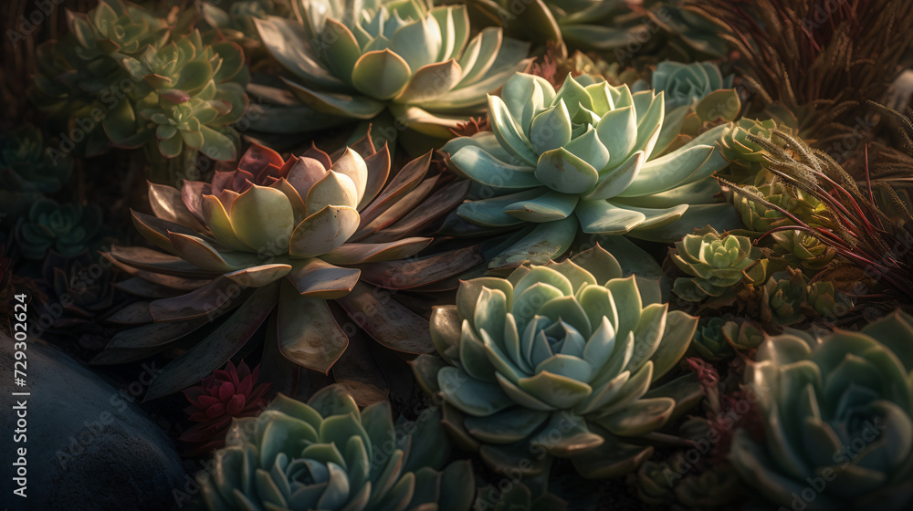 Obraz premium diverse array of succulents bathed in the soft morning light