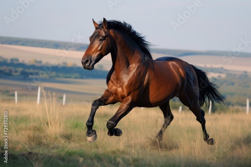 bay horse with determined expression racing at viewer, grassy terrain
