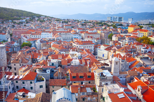Panoramic view of the old town of Split, Croatia. Aerial view of red roofs of coastal town in Croatia