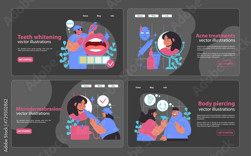 Modern beauty service web banners featuring teeth whitening, acne treatment, microdermabrasion, and body piercing vector illustrations.