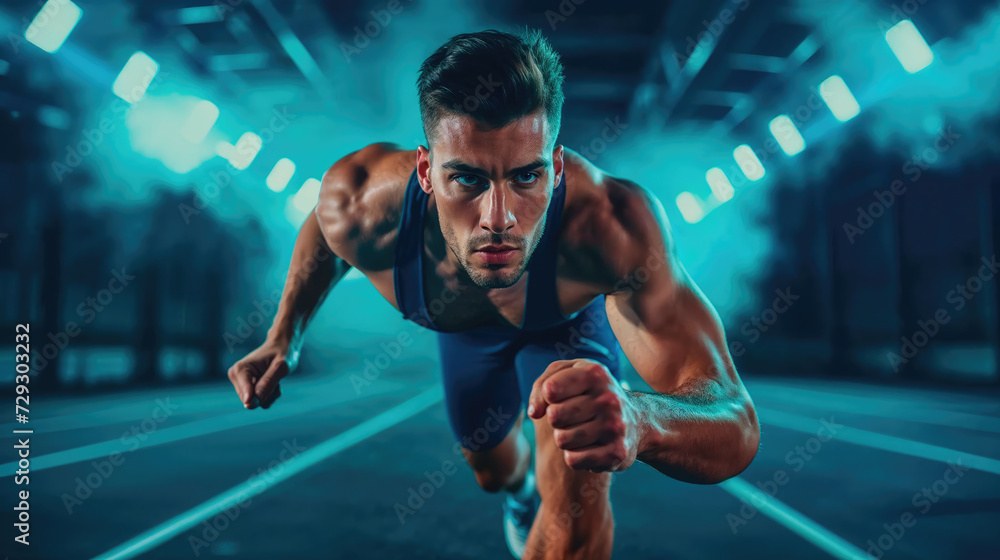 A focused male athlete sprinting with determination on a track at night, illuminated by dramatic overhead lights. A focused male athlete sprinting with determination on a track at night, illuminated by dramatic overhead lights.