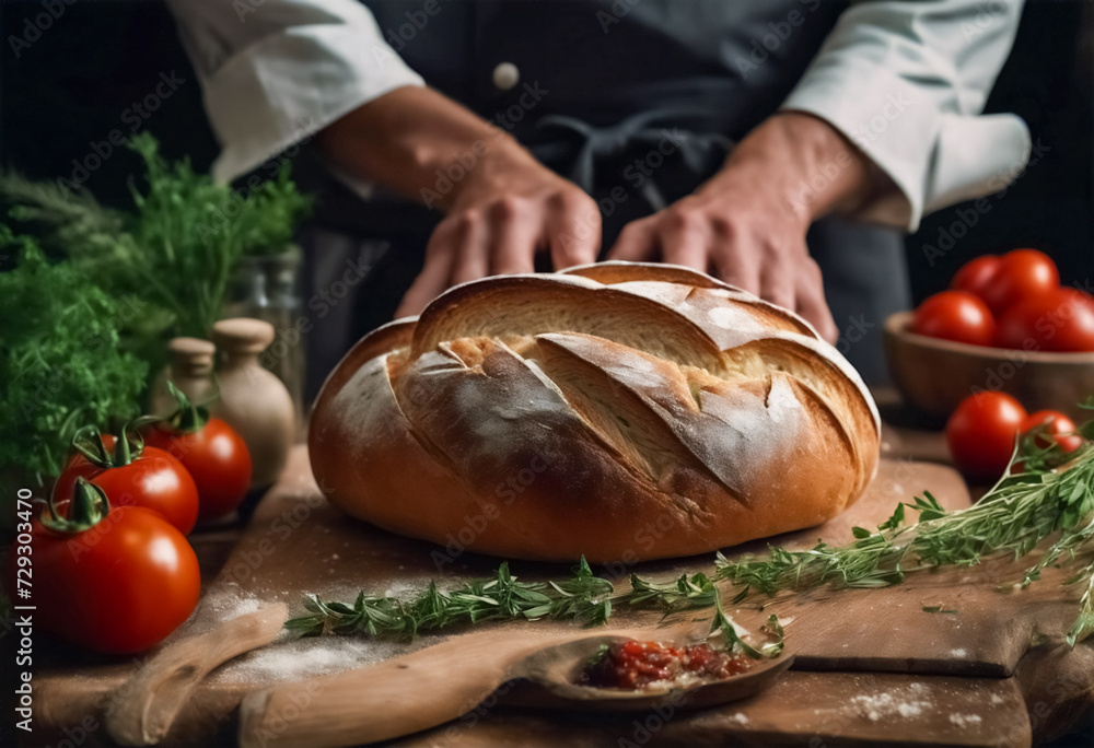 Delizie Culinare- Chef Presenta un Pane Appena Sfornato su Tavolo di Legno, con Pomodori e Erbe Profumate