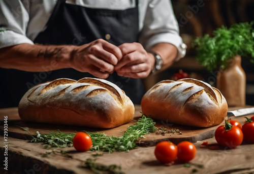 Il Gusto dell'Artigianato- Chef Espone una Treccia di Pane Caldo su Tavolo di Legno, con Pomodori e Erbe Fresche photo
