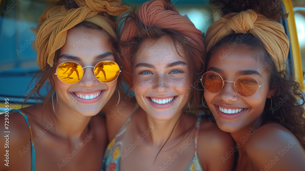 three girls traveling by yellow bus, fashionable hippie top models portrait  - summer concept