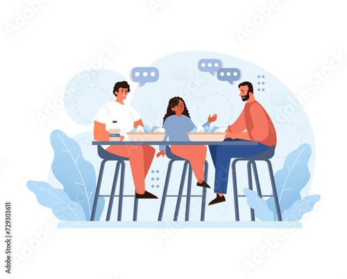 Modern Family Dynamics Concept. Two loving dads enjoy a meal with their daughter, representing diverse family structures. Embracing love and inclusivity. Flat vector illustration.