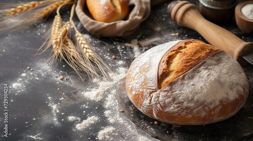 Freshly baked bread on table, closeup. Bakery products. AI.