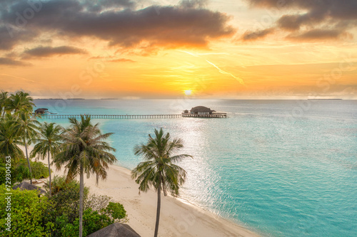 Picturesque aerial landscape luxury tropical island resort water villas. Beautiful island beach palm trees, sunset sea sky. Amazing bird eyes view Maldives paradise tourism coast. Exotic best vacation © icemanphotos
