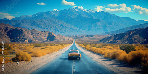 Oldtimer vintage car driving along a straight road in the arid desert toward a beautiful montain landscape photo