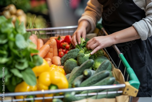 woman filling her cart with fresh vegetables