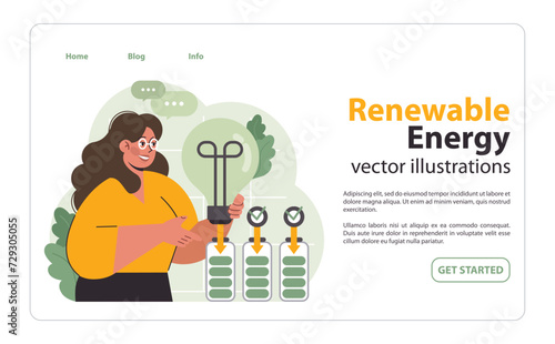 Woman enthusiastically demonstrates renewable energy solutions. Charging batteries showcase green power storage. Sustainable future initiative. Flat vector illustration.