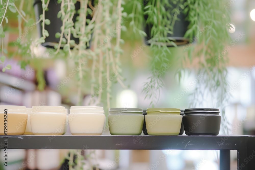 hair mask containers on display, hanging plants blurred