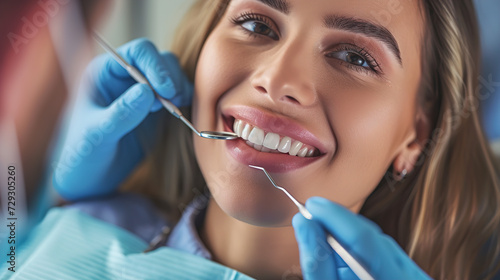 Young female patient visiting dentist office. Beautiful woman with healthy straight white teeth sitting at dental chair with open mouth during oral checkup while doctor working at teeth