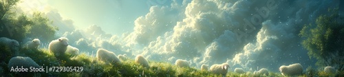 a group of fluffy sheep grazing on clouds, in the style of whimsical anime photo
