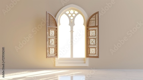 Details of Arabic architecture. Serene 3D scene of an open window with intricate Arabic patterns on beige wall casting warm sunlight. Arab-style open window with sutters