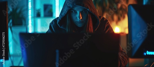 Female hacker leveraging computer knowledge to illicitly obtain data and pilfer passwords. Intruder bypassing security firewall for spying, hacktivism, and cryptojacking. Filmed with a mobile device. photo