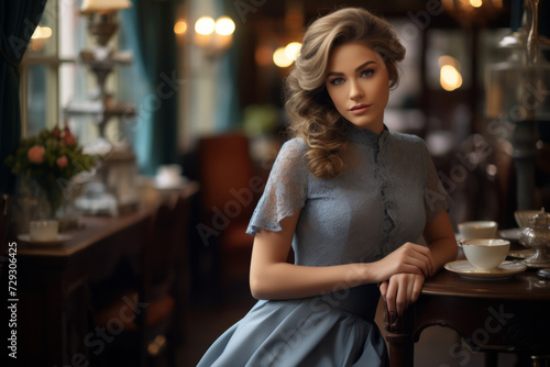 Sophisticated lady in a chic gray sheath dress savoring the ambiance of a retro coffee shop