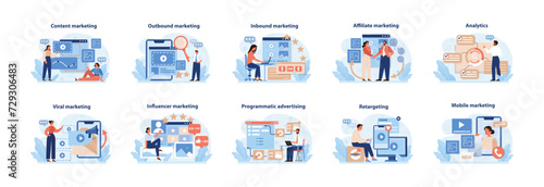 Digital Marketing Strategies Set. Vibrant illustrations depicting diverse online marketing tactics from content to mobile marketing. Flat vector graphics.