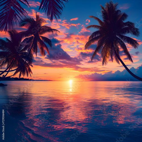 Scenic view of palm trees and sea on background of spectacular sundown. © Social Material