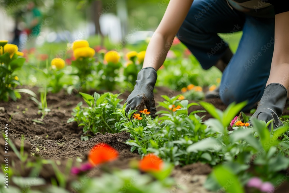 Fototapeta premium gardener planting new flowers in a public city garden