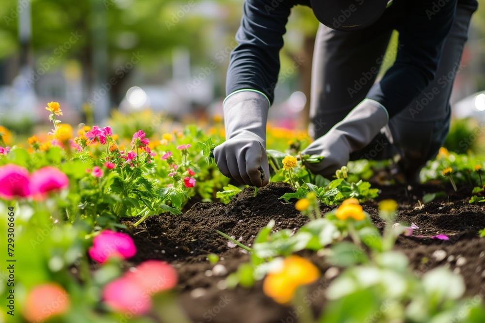 Fototapeta premium gardener planting new flowers in a public city garden