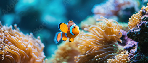 wallpaper of a clown fish coral reef / macro underwater scene, view of coral fish, underwater diving photo