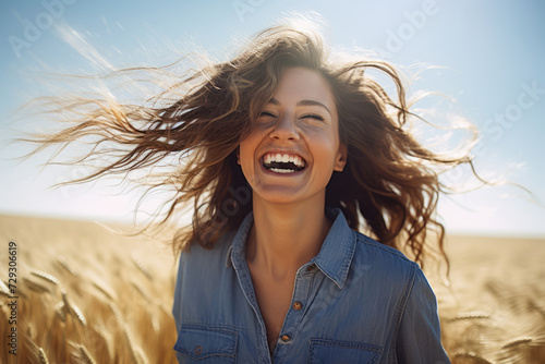 A joyful woman in a blue chambray shirt, basking in the golden glow of a summer day in a wheat field photo