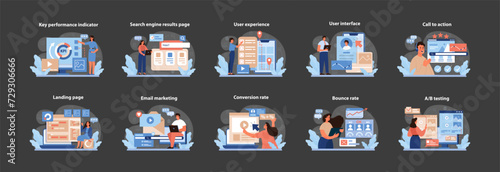 Digital Marketing Essentials Vector Illustrations. Engaging visuals depicting key digital marketing metrics and strategies for effective online presence. Flat vector graphics.