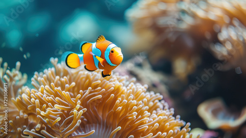 wallpaper of a clown fish coral reef / macro underwater scene, view of coral fish, underwater diving