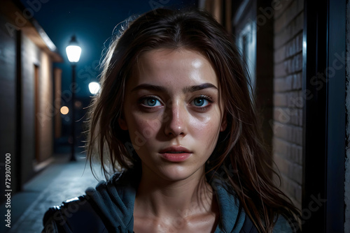 Young woman walking alone at night 