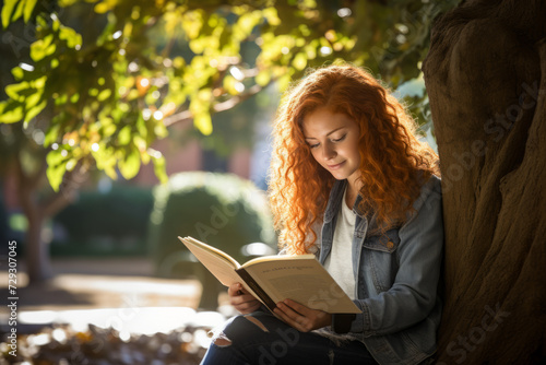 A freckled university student with vibrant red hair and a nose ring, lost in a book under the campus tree on a sunny fall day