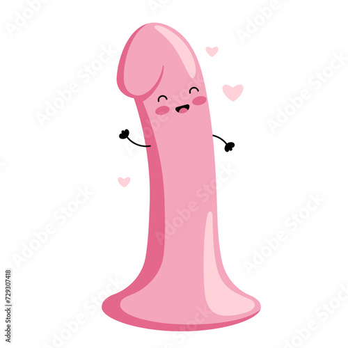 Cute dildo. Sex toy for women and men. Happy kawaii character. Vector flat illustration.