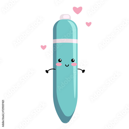 Cute vibrating bullet. Sex toy for women. Happy kawaii character. Vector flat illustration.