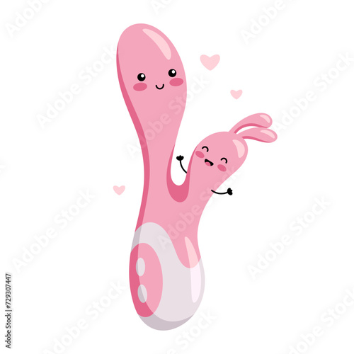 Cute rabbit vibrator. Sex toy for women. Happy kawaii character. Vector flat illustration.