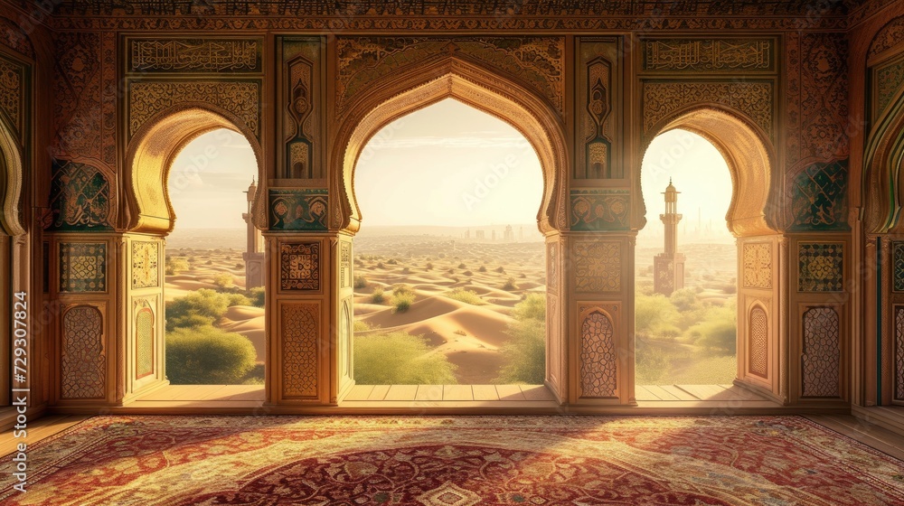 A close-up view of elegant Arabian arches. Ramadan Kareem background with mosque arch. Islamic greeting Eid Mubarak cards for Muslim Holidays festival celebration.
