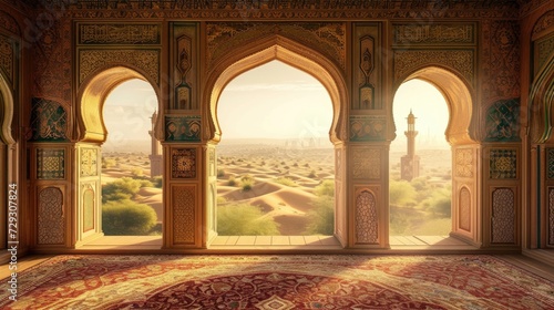A close-up view of elegant Arabian arches. Ramadan Kareem background with mosque arch. Islamic greeting Eid Mubarak cards for Muslim Holidays festival celebration.