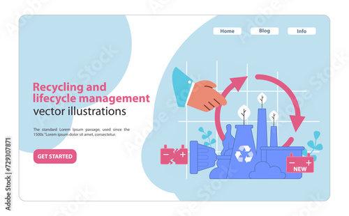 Circular economy for electric vehicles. Illustration on the importance of recycling and lifecycle management in sustainable transportation. Flat vector illustration.
