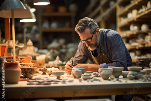 A portrait of a Ceramic Engineer, immersed in his craft amidst a vibrant array of ceramics in a tidy, well-equipped studio