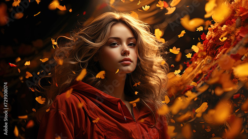 Autumn Enchantment: Serene Portrait Amidst Falling Leaves