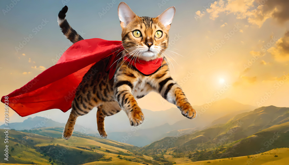 Obraz premium Cool Cat, Superhero cat is flying trough the air with a blue and red cape, funtatic, fantasy, power, powercat 
