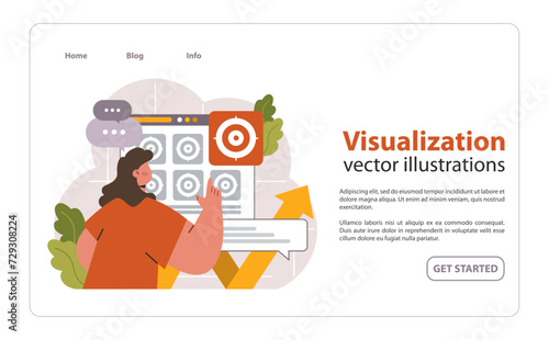 Visualization concept. A focused woman interacts with a digital board displaying multiple target symbols, indicating data analysis and interpretation. Insight extraction. Flat vector illustration