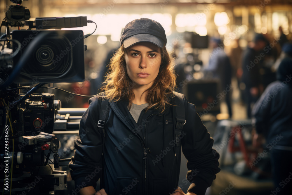 A snapshot of a dedicated female camera operator, engrossed in her work on a lively film set A snapshot of a dedicated female camera operator, engrossed in her work on a lively film set