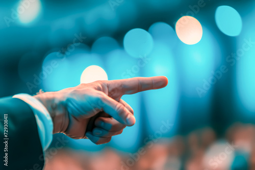 A hand pointing towards audience members  business man points his finger inviting questions or interactions during a presentation.