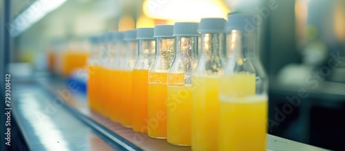 Testing of Mandarin and orange juice in a control lab for detecting counterfeit production. Lab photo for control purposes.