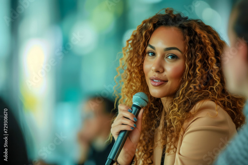 A mixed-race businesswoman engaging in a Q-A session, responding confidently with a hand-held mic. showcasing leadership and expertise. Female Executive, leading, diversity © Gasi