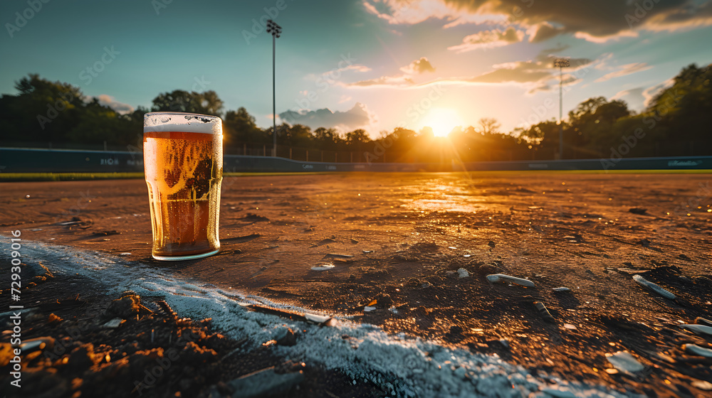 Cinematic wide angle photograph of a beer pint glass at a baseball field. Product photography. - obrazy, fototapety, plakaty 