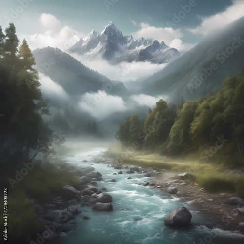 Breathtaking mountain range with a clear river running through it, surrounded by tall trees and misty clouds, serene, peaceful, mountain landscape, high detail, Generative AI