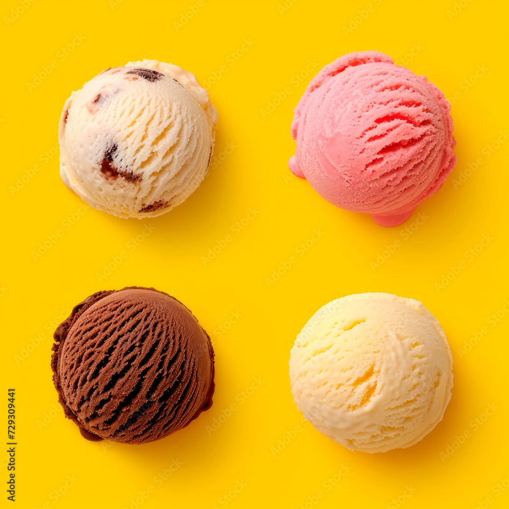 Set of various ice cream scoops isolated on yellow background. Top view. Vanilla, strawberry and chocolate Set of various ice cream scoops isolated on yellow background. Top view. Vanilla, strawberry and chocolate