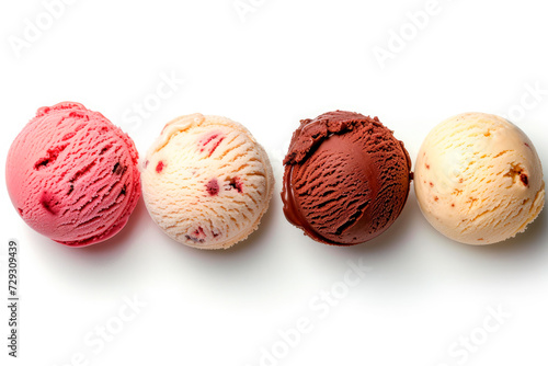 Set of various ice cream scoops isolated on white background. Top view. Vanilla, strawberry and chocolate
